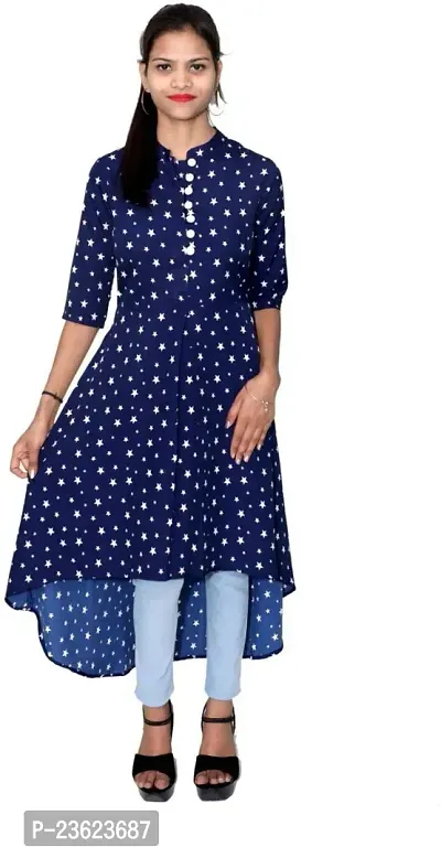 RAIKWAR Women's Regular Fit Below Knee Multicolor Crepe Casual Printed Collared Neck 3/4 Sleeve Kurta-thumb0