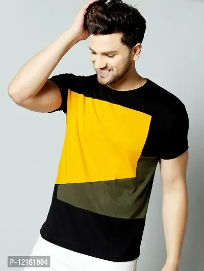 Men Color Block Round Neck White, Black, Yellow T-Shirt-thumb0