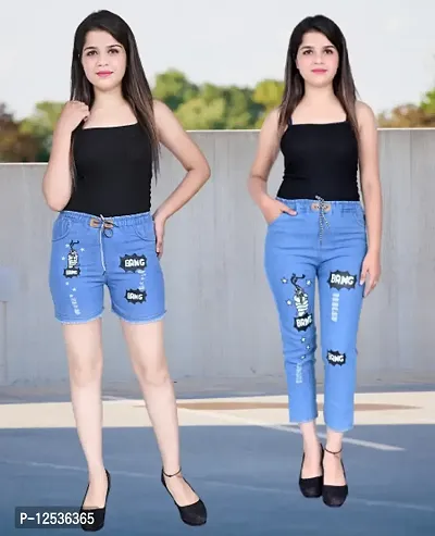 stylish and fashionable Denim Jogger And  Denim Short Combo For Women Pack Of Two-thumb0