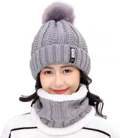 PURSUE FASHION Women Winter Soft Warm Snow Proof Pom Cap for Women Woolen Beanie Cap or Women's, Beanie Cap, Winter Caps for Girls Woolen Cap, Women's Running Headwear (Grey with Scarf)