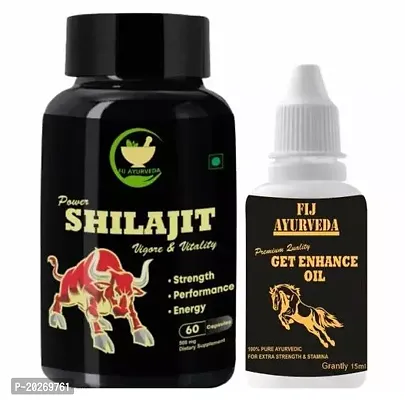 FIJ AYURVEDA Ayurvedic Product Power Shilajit Capsule With Get Enhance Oil 15Ml, Original Shilajit | Shilajit Capsule | Shilajit Orignal | for Stamina Booster, Energy Booster, Strength, Sexual Health-thumb0