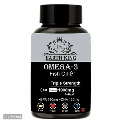 EARTH KING Triple Strength 3 Fish Oil Fatty Acid 1000mg | Omega3 Capsule (180 mg EPA  120 mg DHA) Fish Oil Capsule | Supports Healthy Heart, Brain, Better Skin, Bones, Joint  Eye Care - 60 Softgel