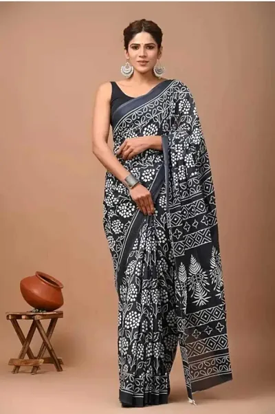 KANHAIYA KURTIES Women's Hand Block Printed Cotton Mulmul Saree With Blouse Piece