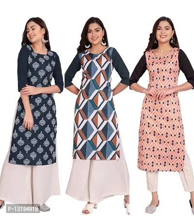 MAJISA FASHION Women's Wear Peach Colour Polycotton Fabric Striped Three-Quarter Sleeves Stitched Combo of 3 Kurti-thumb0