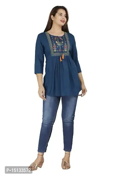 Nidhi Women Rayon Embroidered Stylish Front Dori Round Top for Women