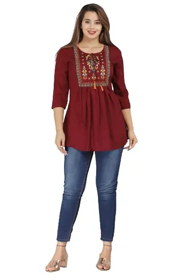 Nidhi Women Rayon Embroidered Stylish Front Dori Round Top for Women