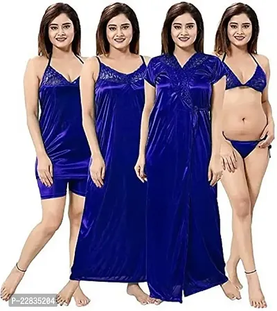 Women's Satin Nighty Set Dress Free Size (Blue)-thumb0