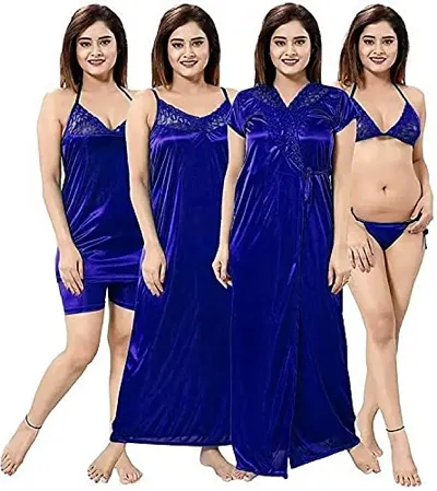 Modon Solid Sleepwear Satin Nightgown For Women And Girls Set Of 6