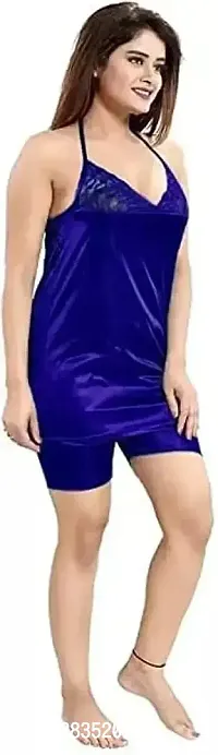 Women's Satin Nighty Set Dress Free Size (Blue)-thumb3