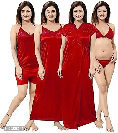 Women's Satin Nighty Set Dress Free Size (Red)-thumb0