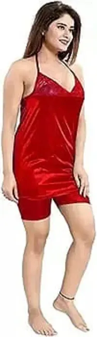 Women's Satin Nighty Set Dress Free Size (Red)-thumb2