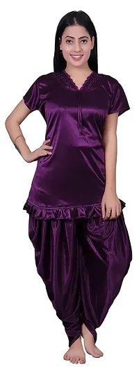 Women's Soft Satin Top and Patiyala Nighty ( Purple )-thumb0