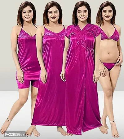 Women Solid Satin 6 Piece Pink Colour Nighty , Nightwear Set For Women  Girls (Free Size)-thumb0