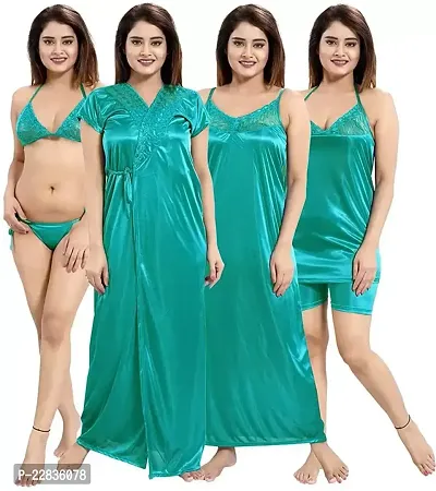 Women Solid Satin 6 Piece Nightwear Set For Women  Girls (Free Size)-thumb3