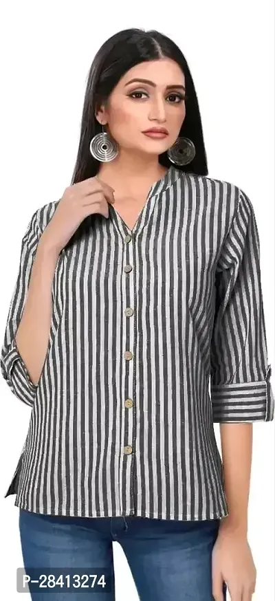 Elegant Black Cotton Striped Shirt For Women-thumb0