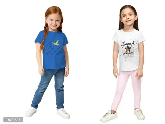 Classic Cotton Printed Tshirt for Kids Girls, Pack of 2