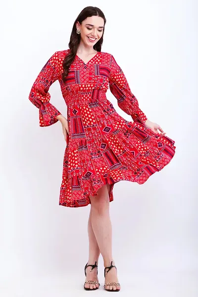 Printed Flared Full Sleeves Midi Dress For Women