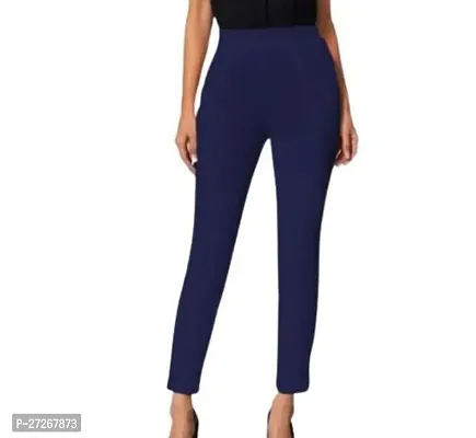 Elegant Navy Blue Polyester Solid Trousers For Women-thumb0