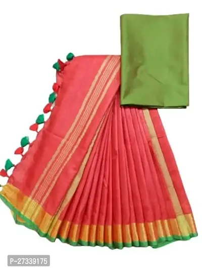 Designer Red Linen Saree Without Blouse Piece For Women