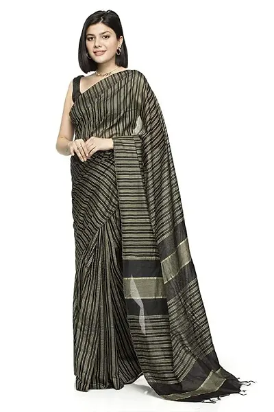 Naz Boutique Bhagalpuri Handloom Women's Cotton Art Silk Striped Saree Simple And Sober Saree With Running Blouse Light Weight Free Size 6.5 Meters Including Blouse