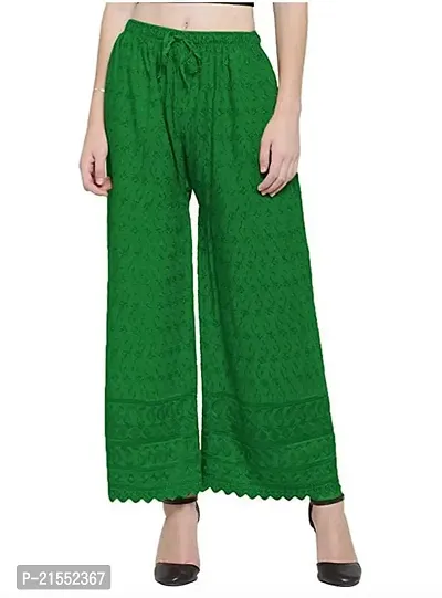 Women Floral Chikankari Embroidered Flared Fit Cotton Palazzos Green-thumb0