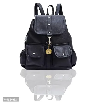 Stylish Black PU Solid Backpacks For Women And Girls