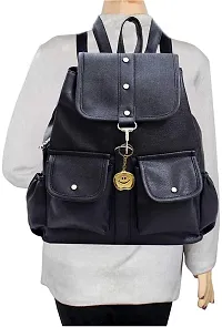 Stylish Black PU Solid Backpacks For Women And Girls-thumb1