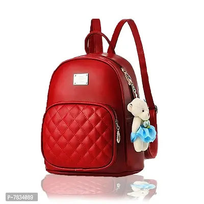 Stylish Red PU Solid Backpacks For Women And Girls