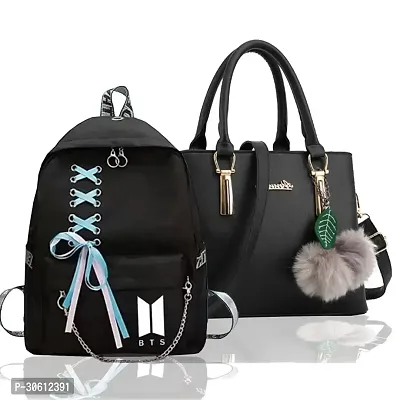 Stylish Black Polyester Handbag With Backpacks For Women Pack Of 2