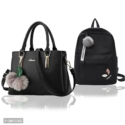 Stylish Black PU Handbag With Backpacks For Women Pack Of 2-thumb0