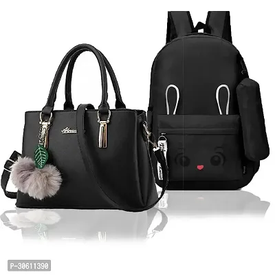 Stylish Black PU Handbag With Backpacks For Women Pack Of 2-thumb0