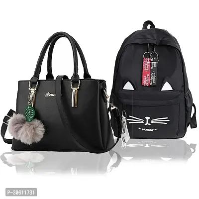 Stylish Black PU Handbag With Backpacks For Women Pack Of 2-thumb0