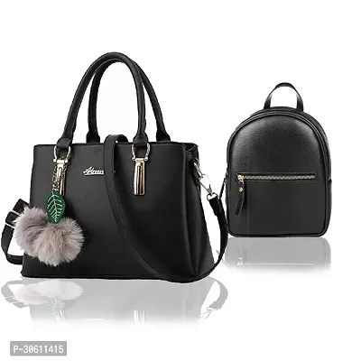 Stylish Black PU Handbag With Backpacks For Women Pack Of 2-thumb0