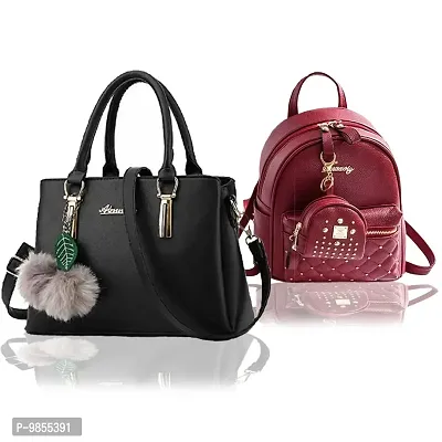 Classy PU Solid Handbags And Backpack for Women Pack Of 2