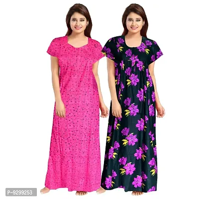 jwf Women's 100% Cotton Printed Regular Maxi Maternity Wear Sleepwear Nightgown ( Pack of 2 PCs.) Pink-thumb0