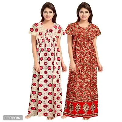 jwf Women's 100% Cotton Block Printed Attractive Maxi Maternity Wear Comfortable Nightdresses ( Combo Pack of 2 PCs.) Red-thumb2