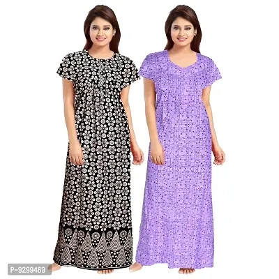 jwf Women's 100% Cotton Printed Regular Maxi Maternity Wear Sleepwear Nightdresses ( Pack of 2 PCs.) Purple