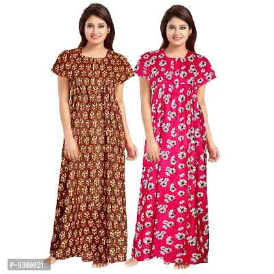 jwf Women's Wear Pure Cotton Block Printed Nighty (Combo Pack of 2 Pieces) Brown-thumb3