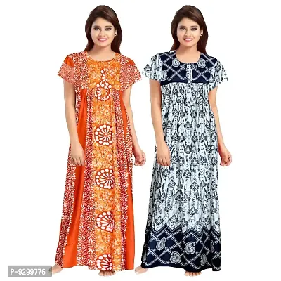 jwf Women's Pure Cotton Printed Regular Maxi Maternity Wear Sleepwear Nightgown ( Pack of 2 PCs.) Orange-thumb0