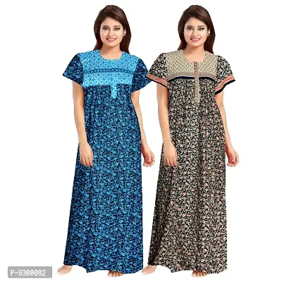 jwf Women's Pure Cotton Block Printed Full Length Sleepwear Nightdresses Brown-thumb3