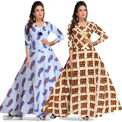 jwf Women's Attractive Pure Cotton Maxi Dress Round Neck Fit  Flare Anarkali Long Gown Kurties Dresses (Free Size Upto XXL) (Pack of 2 PCs.)-thumb0