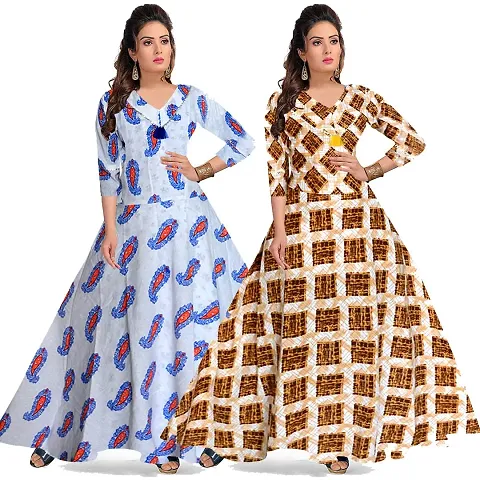 jwf Women's Attractive Pure Cotton Maxi Dress Round Neck Fit  Flare Anarkali Long Gown Kurties Dresses (Free Size Upto XXL) (Pack of 2 PCs.)
