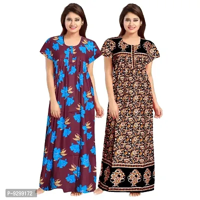 jwf Ladies 100% Cotton Block Prints Nightgown Maxi Nightdress Nighty (Combo Pack of 2 Pcs) Black-thumb2