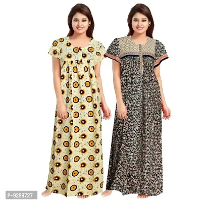 jwf Women's Pure Cotton Block Printed Full Length Sleepwear Nightdresses Yellow-thumb2