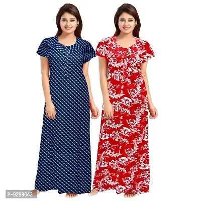 jwf Ladies 100% Cotton Jaipuri Block Prints Nighty and Nightdresses Nighty (Combo Pack of 2 Pcs) Red-thumb0