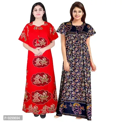 jwf Women's 100% Cotton Block Printed Maternity Wear Full Length Nightdresses Red-thumb3