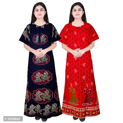 jwf Ladies 100% Cotton Block Prints Nightgown Maxi Nightdress Nighty (Combo Pack of 2 Pcs) Red-thumb2