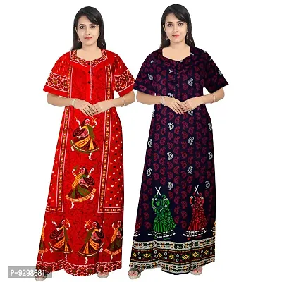 jwf Jaipuri Cotton Printed Maternity Front Zipper Full Length Maxi Nighty Gown (Pack of 2)