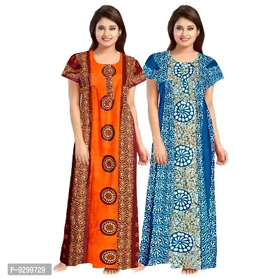 jwf Women's 100% Cotton Printed Maxi Maternity Wear Comfortable Nightdresses ( Combo Pack of 2 PCs.) Orange