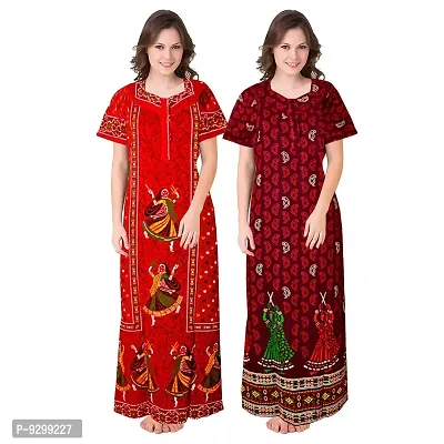 jwf Women's Wear Pure Cotton Block Printed Nighty Free Size (Combo Pack of 2 Pieces) Maroon